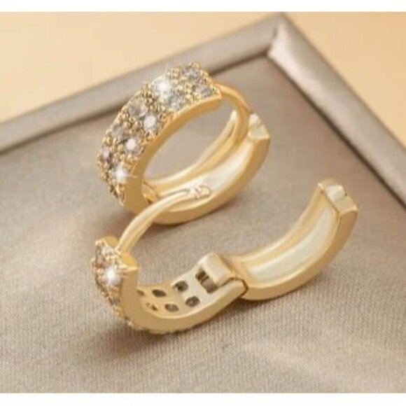 14k Rose Gold Plated Simulated Diamond Huggie Hoop Earrings - Picture 4 of 4